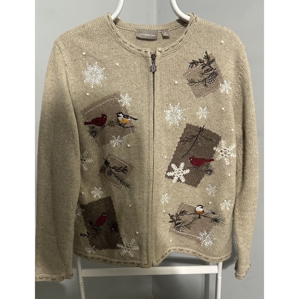 Croft & Barrow Cardigan Sweater Birds Snowflakes Winter Silk Blend Sz M